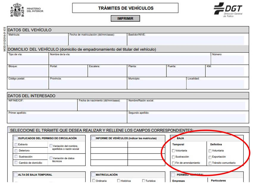 Dar de baja un coche formulario