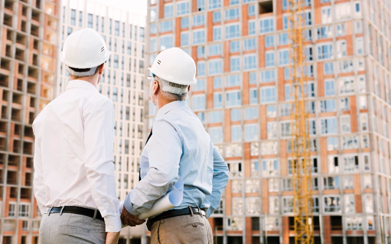 Profesionales de la construcción con cascos blancos frente a un edificio