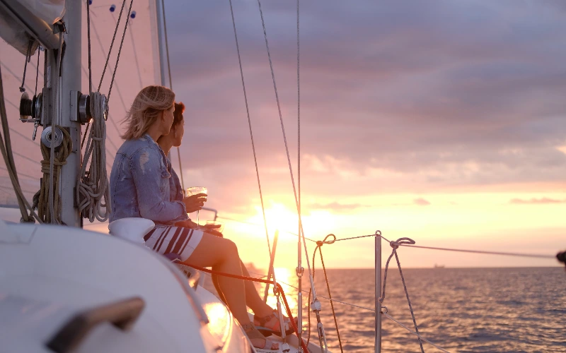 Pareja disfrutando de un paseo en velero al atardecer