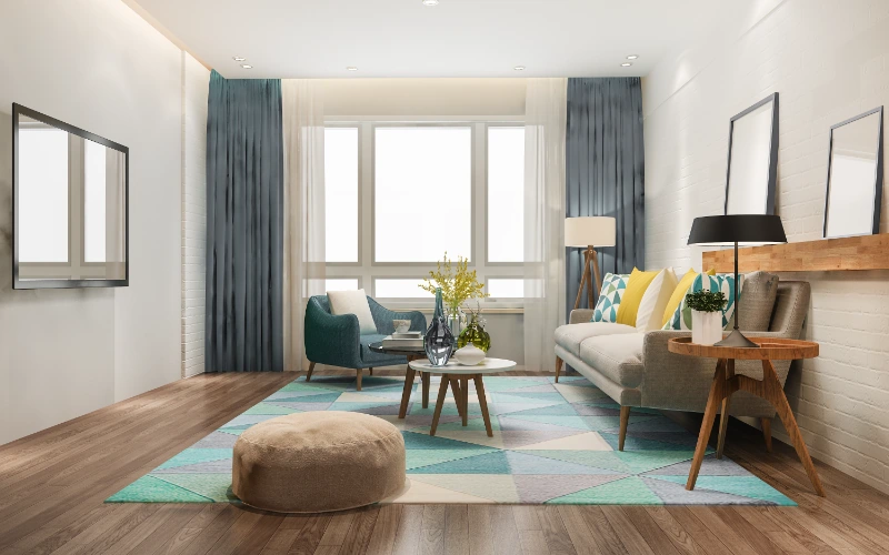 Salón de estilo escandinavo con mesa de trabajo y estantería