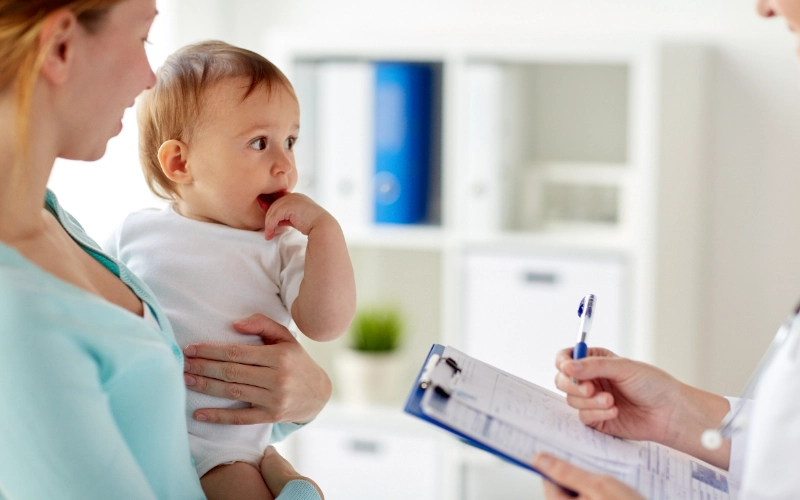 Pediatra atendiendo a una madre con su bebé en la consulta