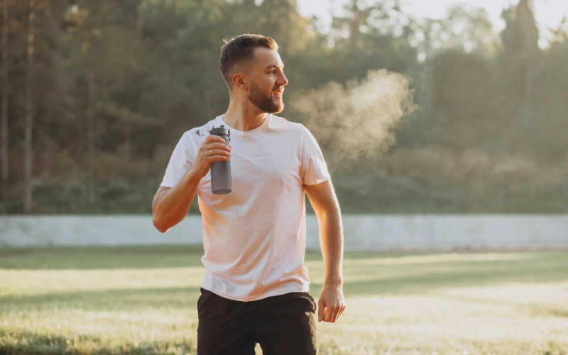 Hombre bebiendo agua tras hacer deporte al aire libre
